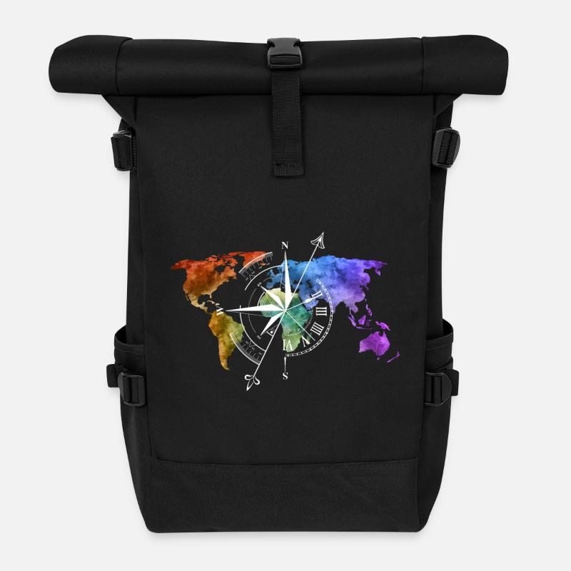 Weltkarte Kompass white - Rolltop Rucksack - Schwarz