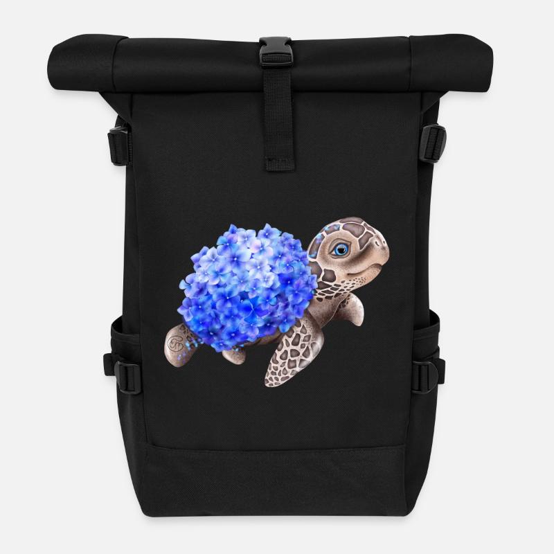 Schildkröte mit Hydrangea Hortensien - Rolltop Rucksack - Schwarz