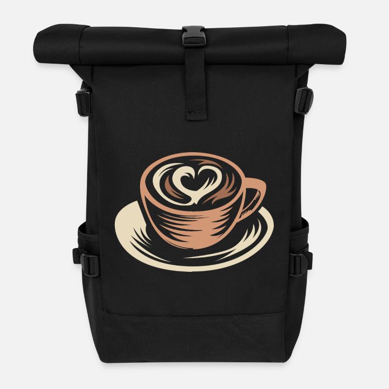 Stylisierte Kaffeetasse mit Latte Art Herz - Rolltop Rucksack - Schwarz