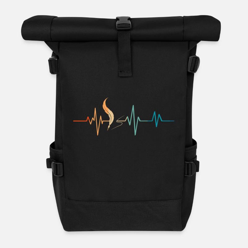 Retro Heartbeat Writer's Feather - Roll Top Backpack - black