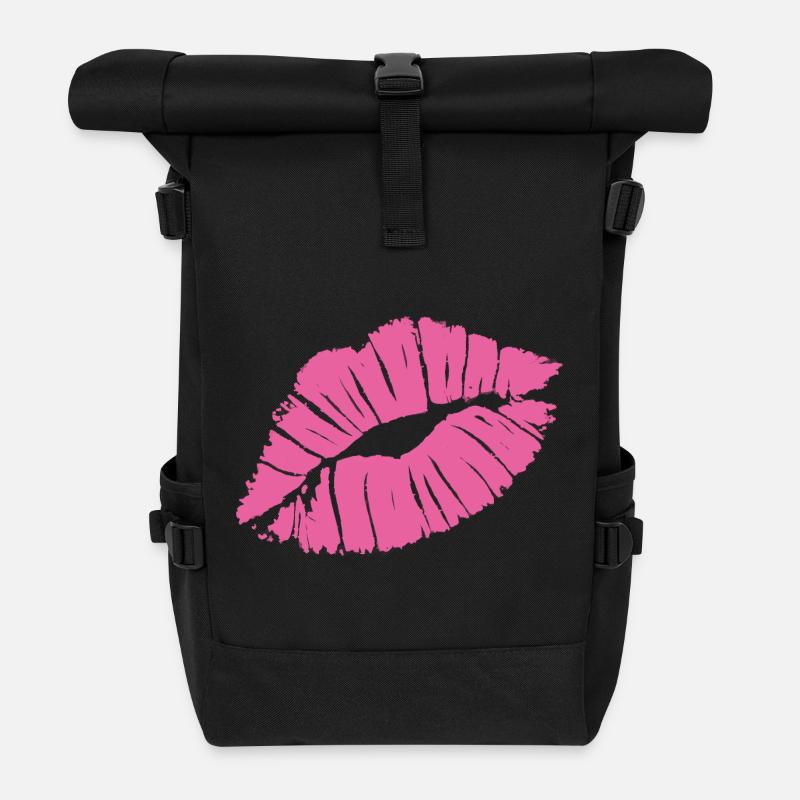 Smooch Pink Lipstick Kiss Mark Love Statement Tee - Roll Top Backpack - black
