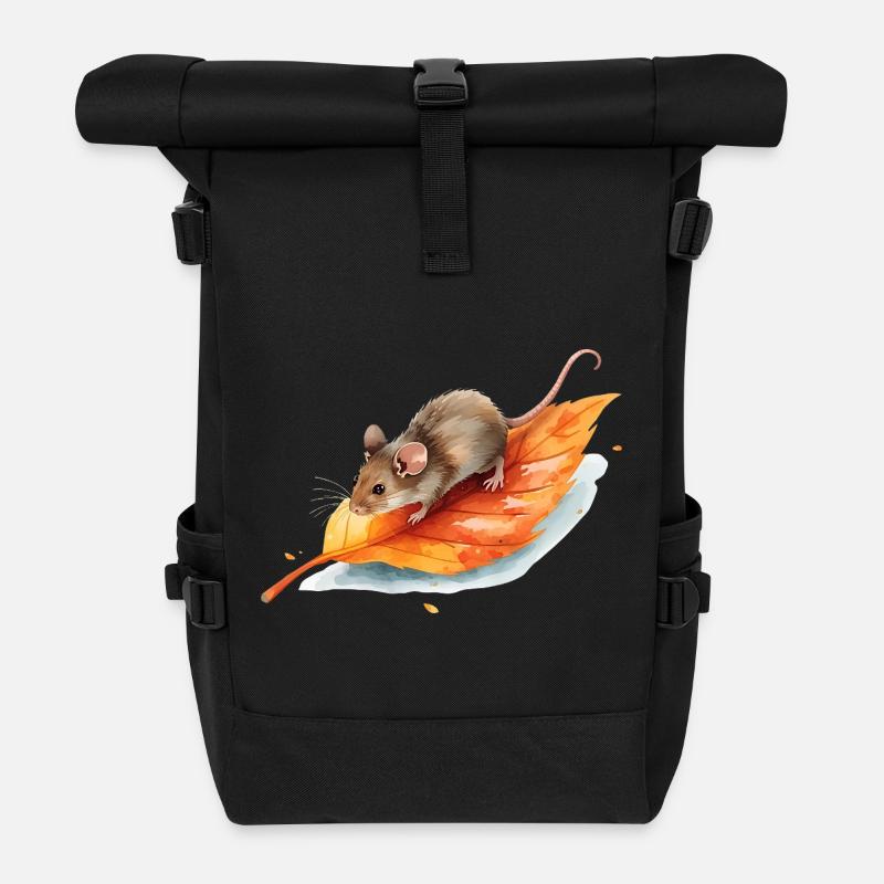 Mouse on Autumn Leaf Watercolor Motif - Roll Top Backpack - black