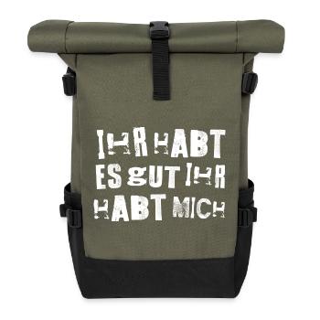 Gestörte Grotesk Typo Fragment lustiger Spruch - Rolltop Rucksack - Olive/Schwarz - Vorne