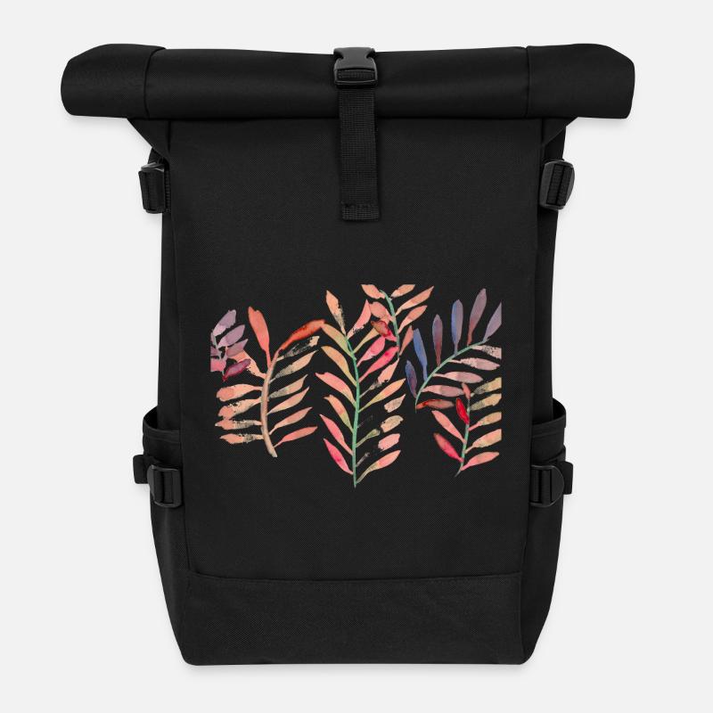 Watercolor leaves, red - Roll Top Backpack - black