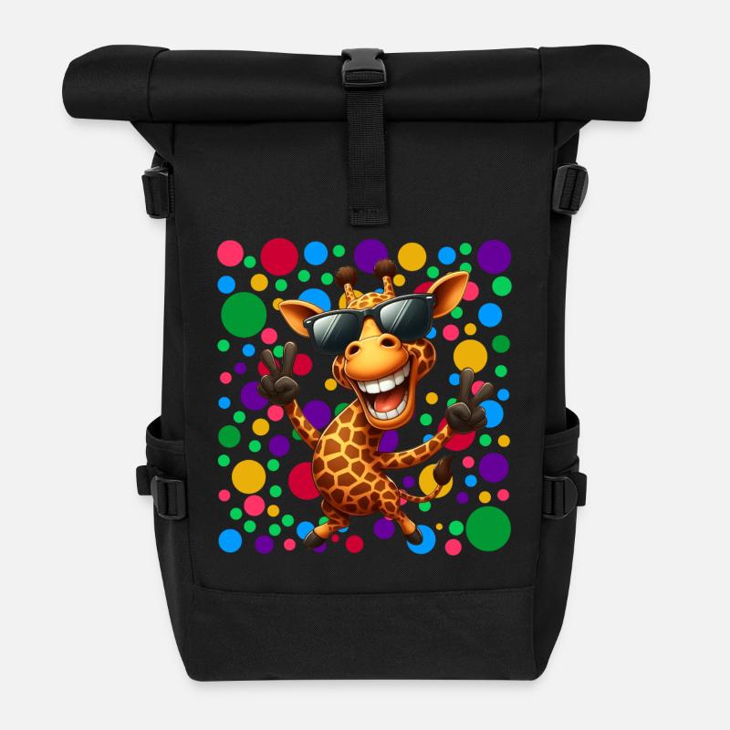 Cooler Giraffen-Cartoon – Bunter Polka-Dot-Spaß - Rolltop Rucksack - Schwarz