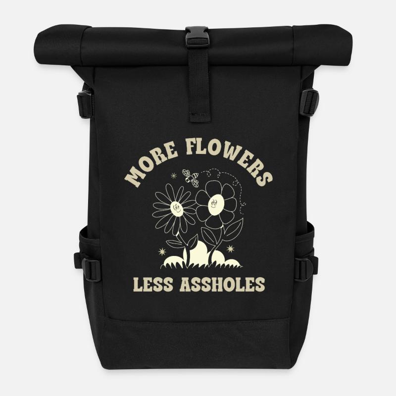 More Flowers Less Assholes – Retro Blumen Spruch - Rolltop Rucksack - Schwarz
