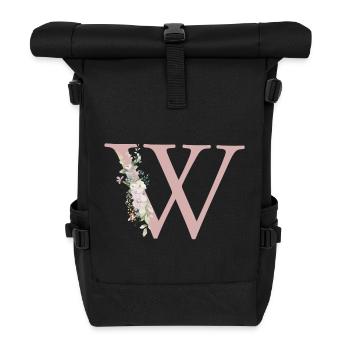 W Monogramme, Floral, Personnalisable - Sac à dos roll top - noir - Devant
