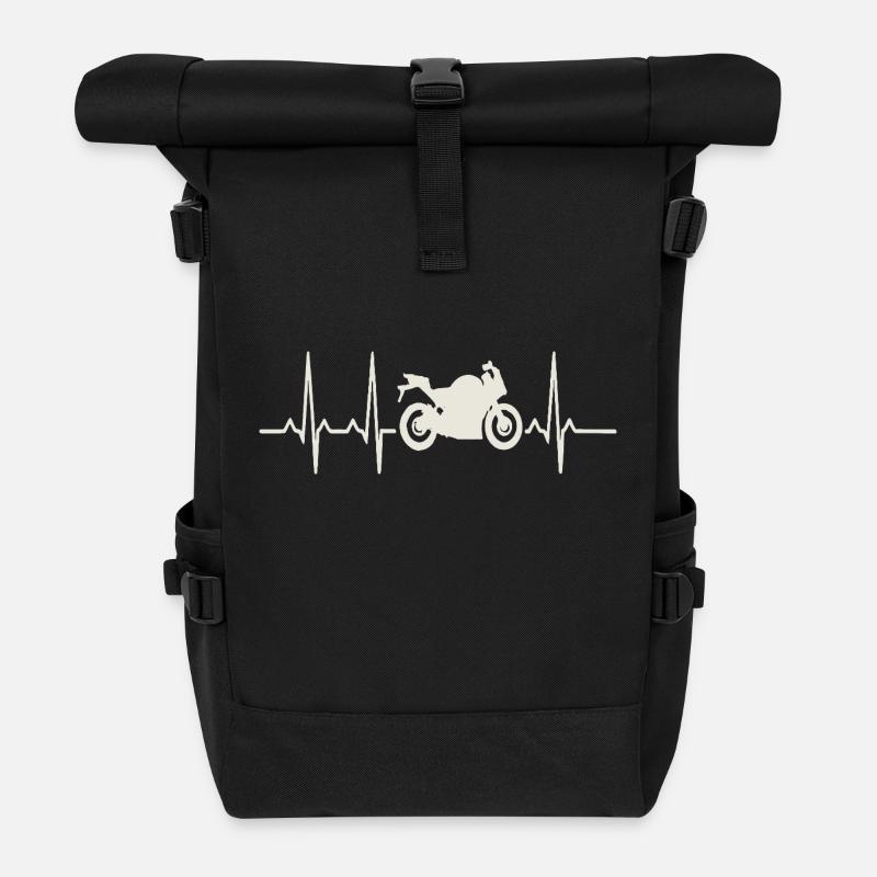 Motorrad Herzschlag – EKG Linie Biker - Rolltop Rucksack - Schwarz