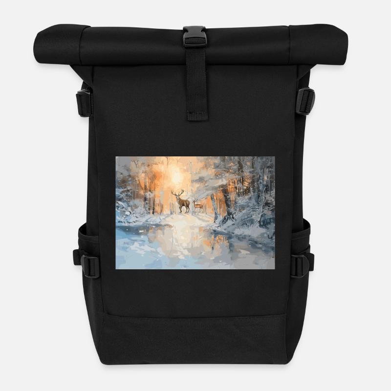 Cerfs majestueux dans la forêt hivernale - Sac à dos roll top - noir