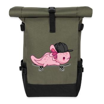 Cooles Axolotl-Skateboarding – Kawaii-Stil - Rolltop Rucksack - Olive/Schwarz - Vorne