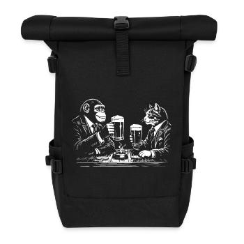 Schimpanse und Katze trinken Bier im Pub - Rolltop Rucksack - Schwarz - Vorne
