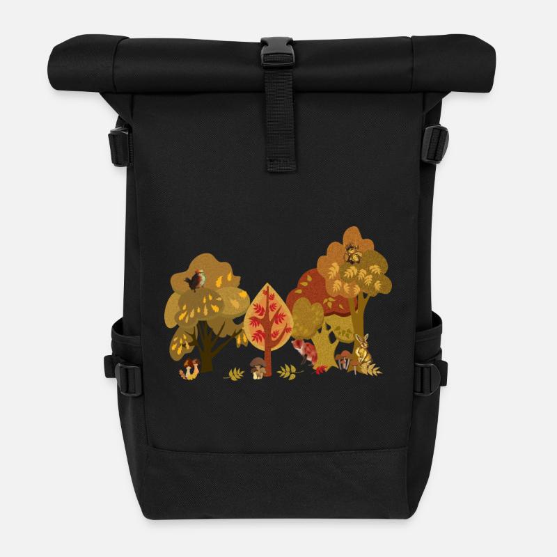 Autumn Forest Wildlife Silhouette - Roll Top Backpack - black