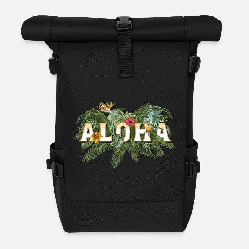 Aloha Tropen Schrift mit Palmen - Rolltop Rucksack - Schwarz