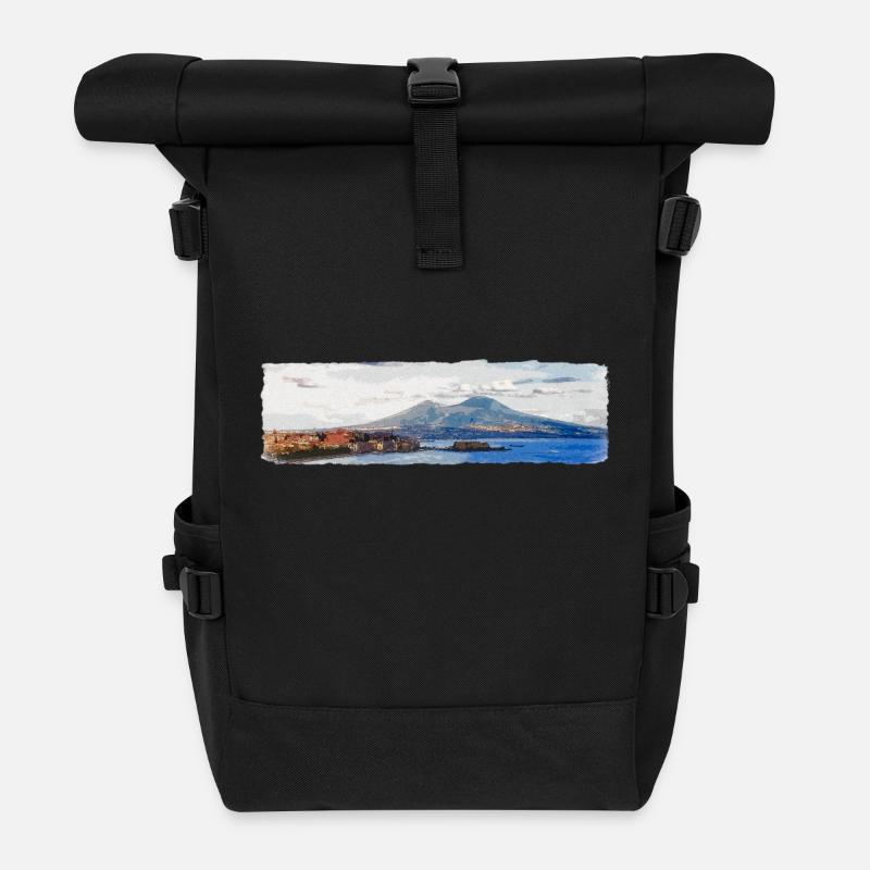 Neapel, Vesuv und Castel dell'Ovo - Rolltop Rucksack - Schwarz