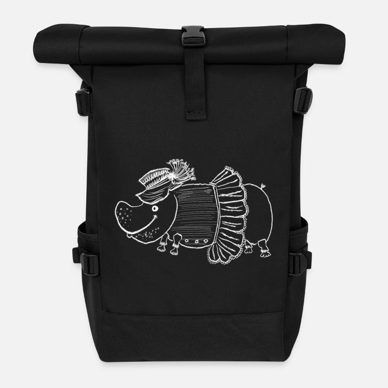 Hippopotamus lady with hat and dress - Roll Top Backpack - black