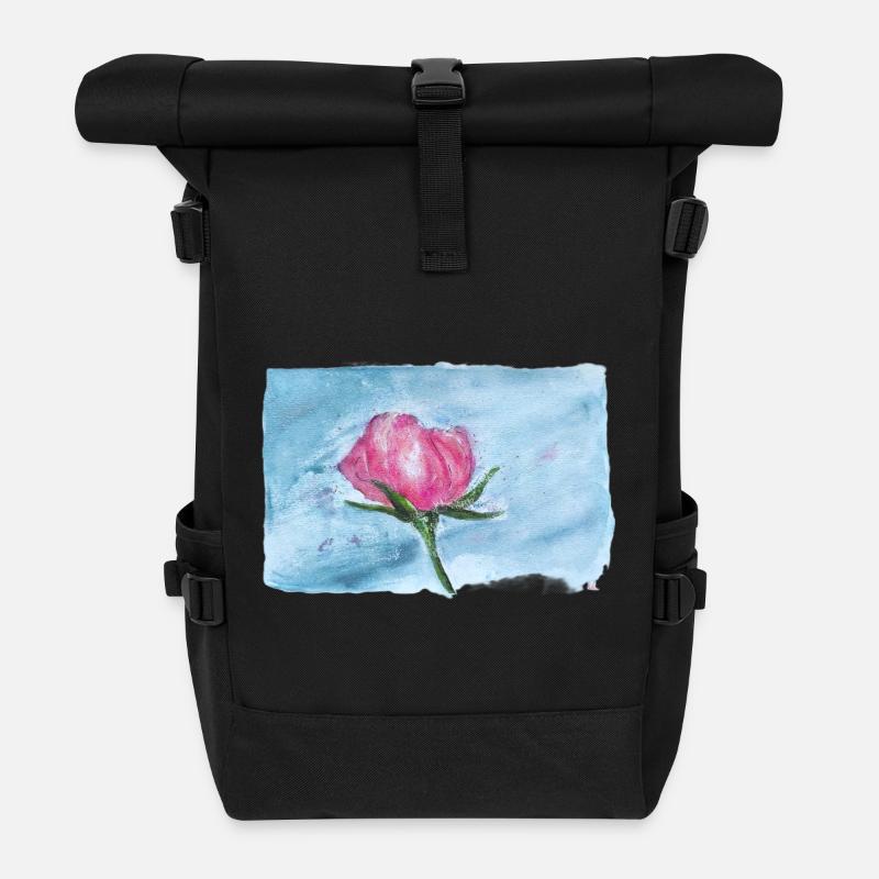 Watercolor Rose on Sky Blue - Roll Top Backpack - black