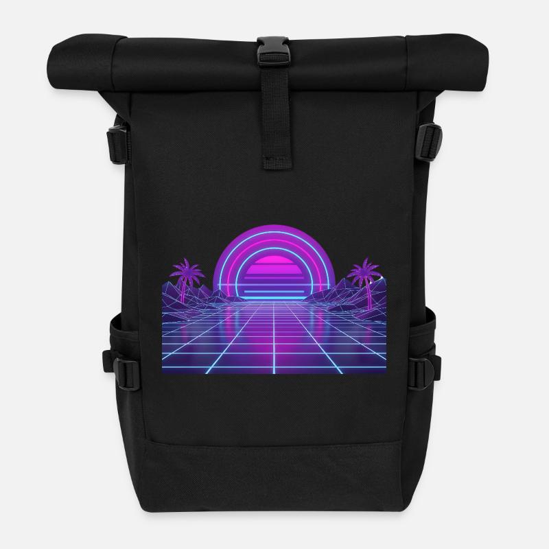 Retro Synthwave Sonnenuntergang Neon Motiv 80er - Rolltop Rucksack - Schwarz
