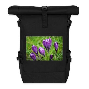Purple Crocus Cluster in Spring Garden - Roll Top Backpack - black - Front