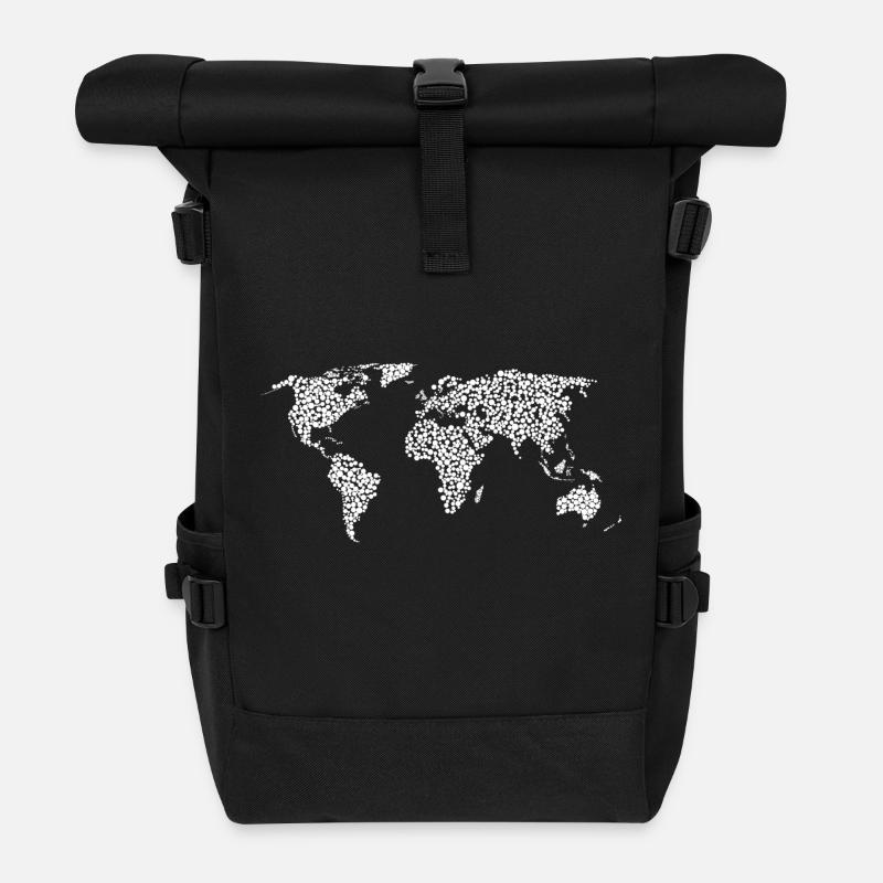 Weltkarte | weiße Kreise - Rolltop Rucksack - Schwarz