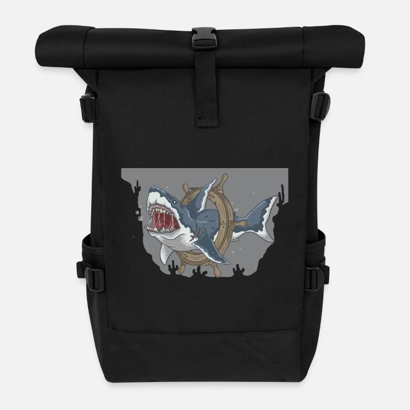 Deep Sea Shark Navigation Illustration - Roll Top Backpack - black
