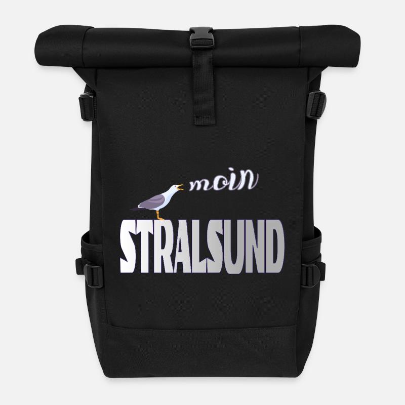 Stralsund Möwe & Moin Ostsee - Rolltop Rucksack - Schwarz
