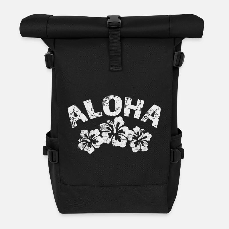 Aloha Hibiscus Vintage Print - Roll Top Backpack - black
