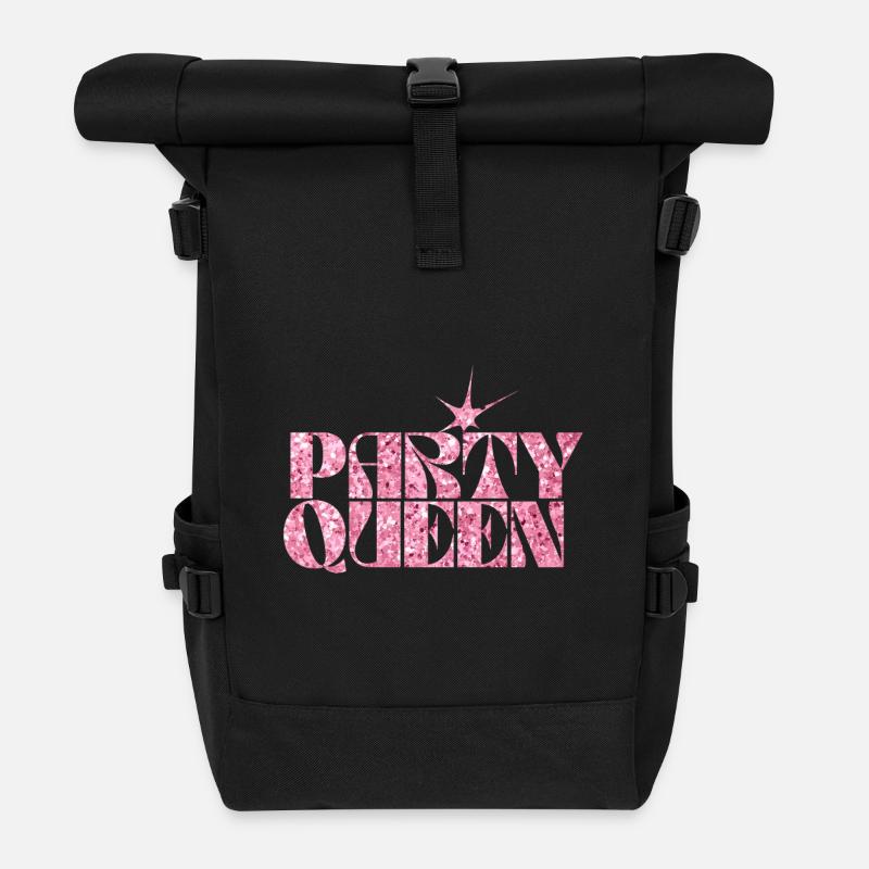 Party Queen Glitzer Text - Rolltop Rucksack - Schwarz