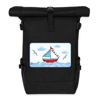 Voilier bleu sur la mer - peint à la main - Sac à dos roll top - noir - Devant