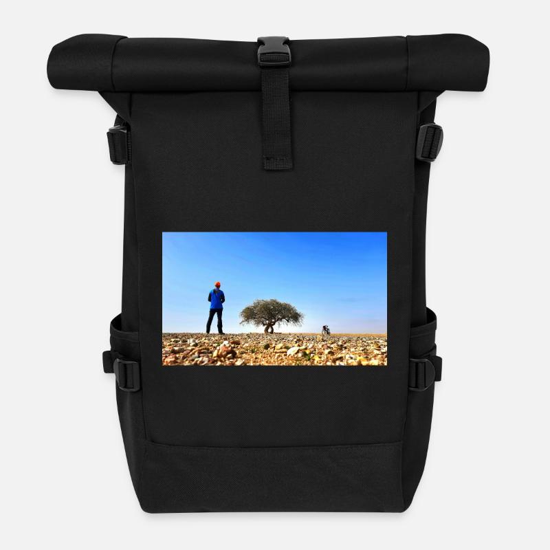Solitary Explorer with Tree and Bike - Roll Top Backpack - black
