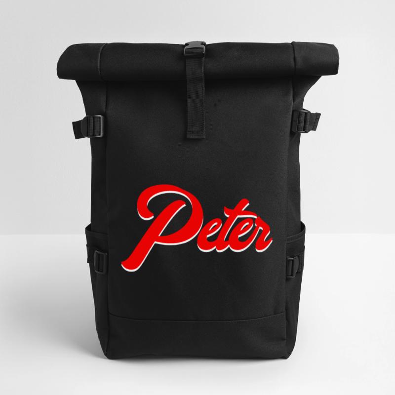 Vintage Red Script Name Peter Design Roll Top Backpack