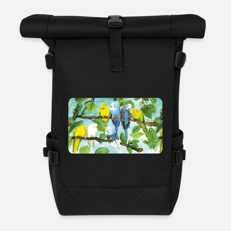 Wellensittiche auf einem Baum - Pastellkreide  - Rolltop Rucksack - Schwarz