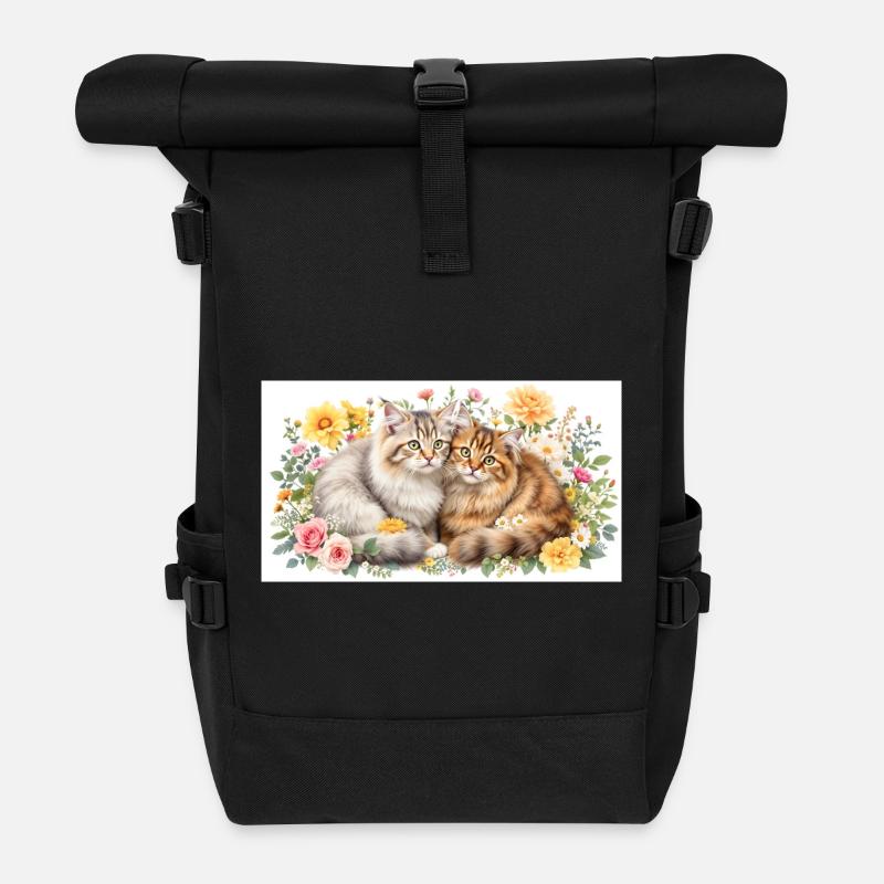 Pastel cats in spring bloom - Roll Top Backpack - black