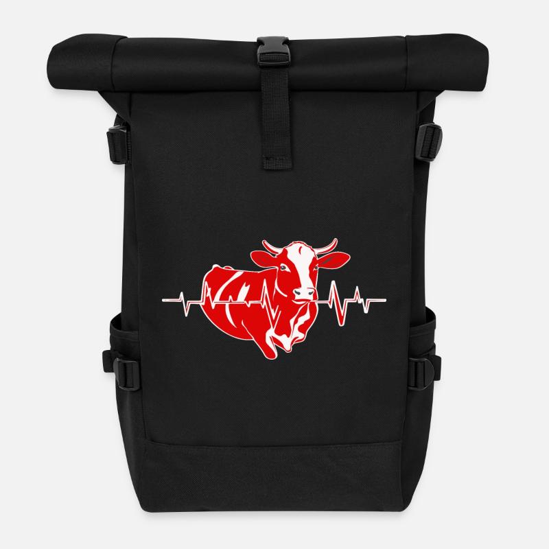 Vache rouge avec ligne de battement de cœur - Sac à dos roll top - noir