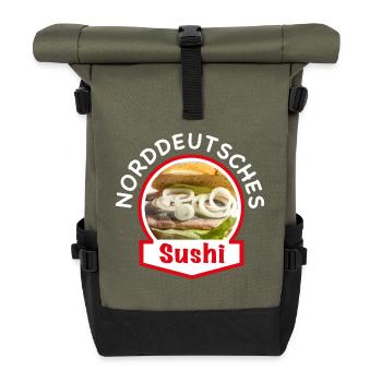 Norddeutsches Sushi | Fischbrötchen Matjes Hering - Rolltop Rucksack - Olive/Schwarz - Vorne
