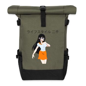 Anime girl 01 text "Lifestyle2000" in Japanese - Roll Top Backpack - olive/black - Front