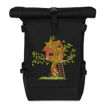 schiefes Baumhaus in der Baumkrone mit Leiter - Rolltop Rucksack - Schwarz - Vorne