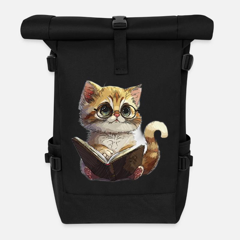 Reading Kitten with Glasses Cat Reading Cat - Roll Top Backpack - black
