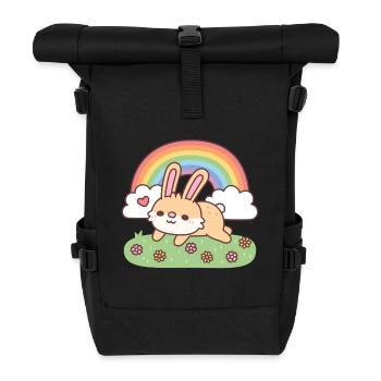 Niedliches Hüpfendes Kaninchen Zwischen Regenbogen Und Blumen - Rolltop Rucksack - Schwarz - Vorne
