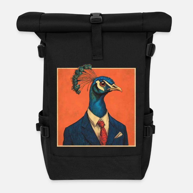 Elegant Peacock in Suit – Stylish Bird Design - Roll Top Backpack - black
