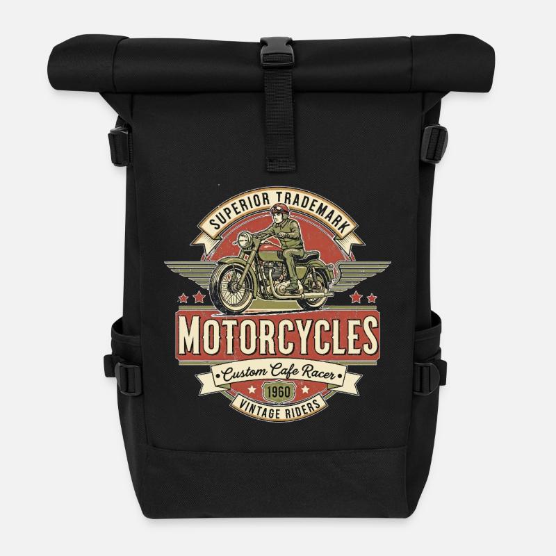 Vintage Motorrad Design mit Rider-Logo - Rolltop Rucksack - Schwarz