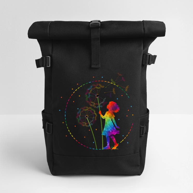Regenbogen Mädchen mit Pusteblume Rolltop Rucksack