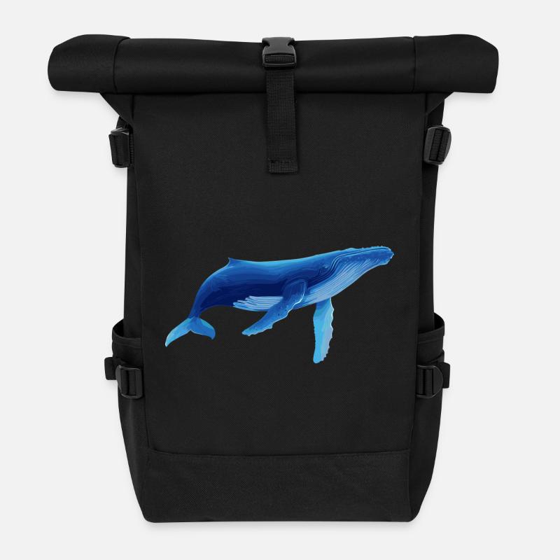 Wal in Blau mit Meeresmustern - Rolltop Rucksack - Schwarz