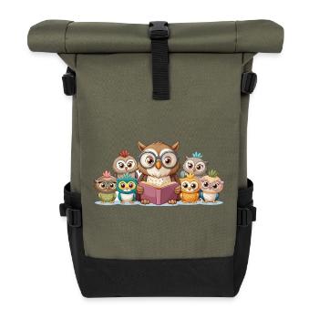Cute Owl Family Reading Story Together Art - Roll Top Backpack - olive/black - Front
