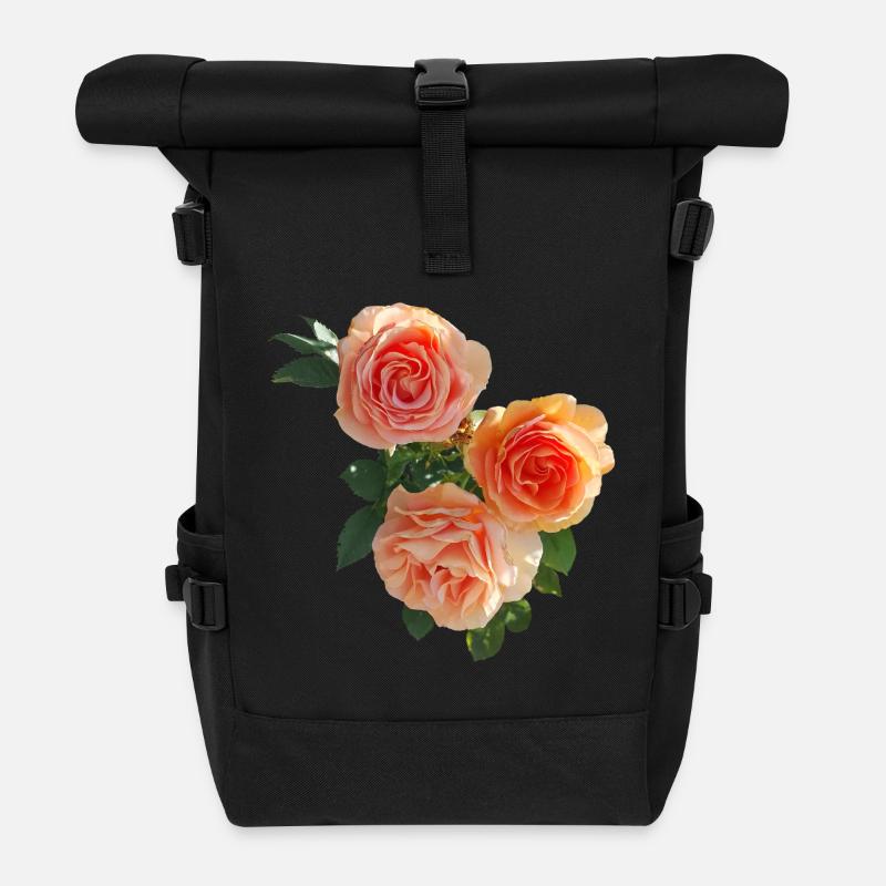 Peach Rose Bouquet - Roll Top Backpack - black