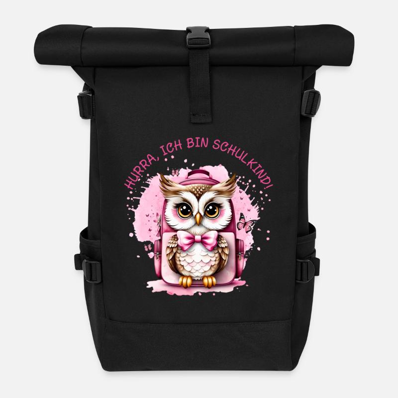 Eule Schulranzen rosa - Hurra ich bin Schulkind - Rolltop Rucksack - Schwarz