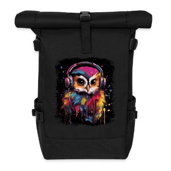 Lustige Eule hört Musik über Kopfhörer - Rolltop Rucksack - Schwarz - Vorne
