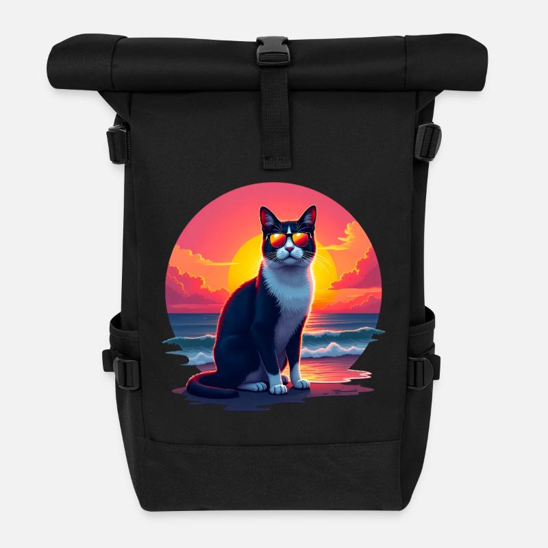 Chat sur la plage - Sac à dos roll top - noir