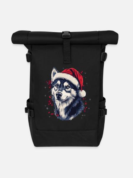 Husky Dog mit Weihnachtsmütze - Rolltop Rucksack - Schwarz