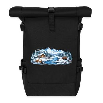 Winterwaldhütte am Fluss - Rolltop Rucksack - Schwarz - Vorne