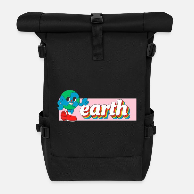 Earth Joy Retro Cartoon Tee Print - Roll Top Backpack - black